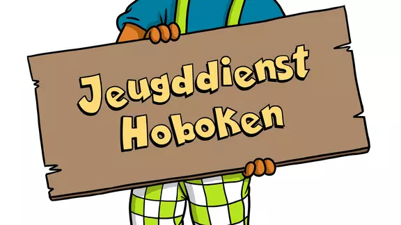 logo jeugddienst hoboken (vos houdt houten bord met opschrift jeugddienst hoboken vast)