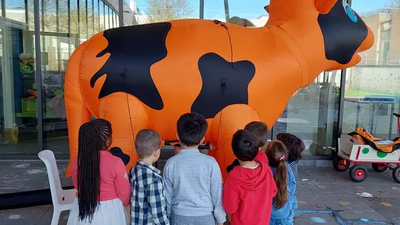 Oranje koe met zwarte vlekken en een aantal kinderen die naar de koe kijken