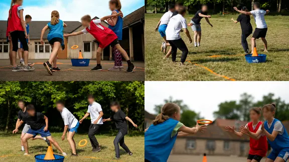 4 afbeeldingen waar jongeren met de volcage set aan het spelen zijn, buiten