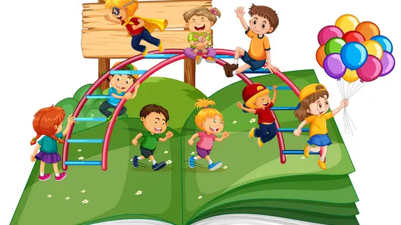 Kinderen spelen op een open boek waarop een speeltuig staat